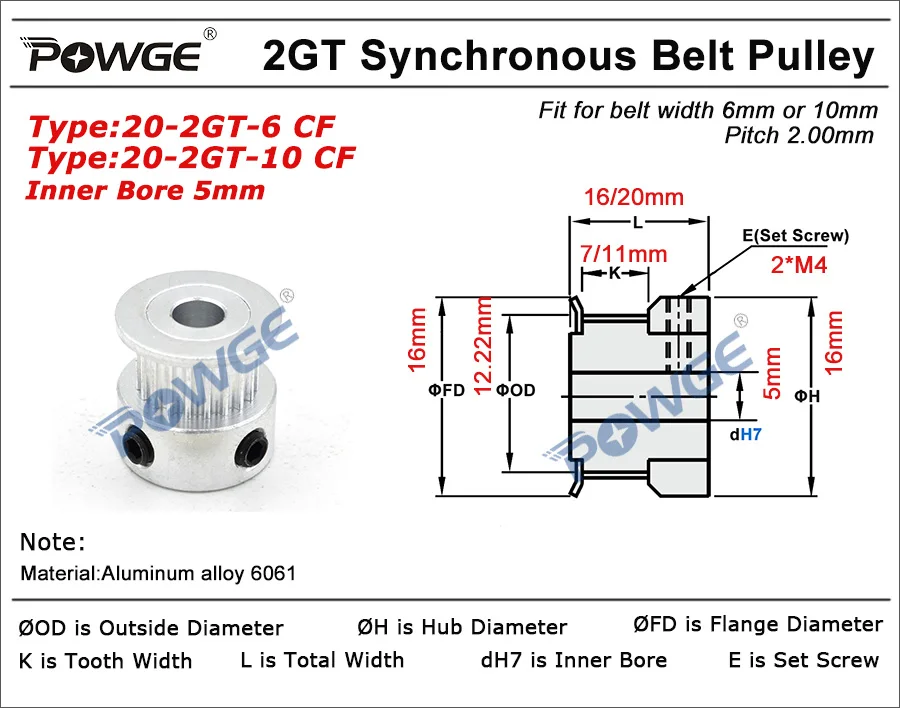 POWGE GT GT3 2GT 2MGT 20 Teeth Synchronous Timing Pulley Bore 5mm for  Belt width 6mm/10mm Small Backlash  20Teeth 20T,10PCS/lot