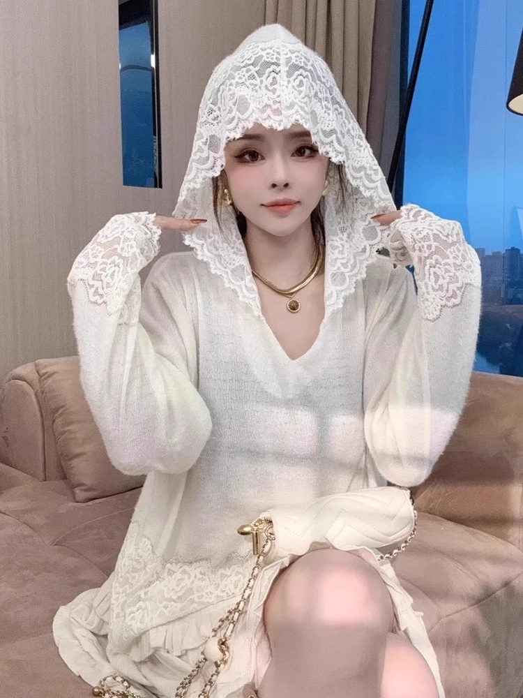 

Korean Style Lace Splice Hat Knitted Sweater Women's Loose Heavy Work Hook Flower Base Shirt Top Mid-Length Pure Color