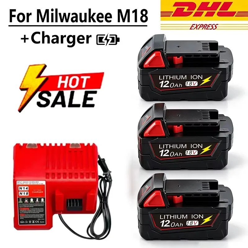 For Milwaukee M18 18V 12.0Ah Li‑ion Rechargeable Battery High Output Replacement Battery For M18 Drill Impact Wrench Power Tools