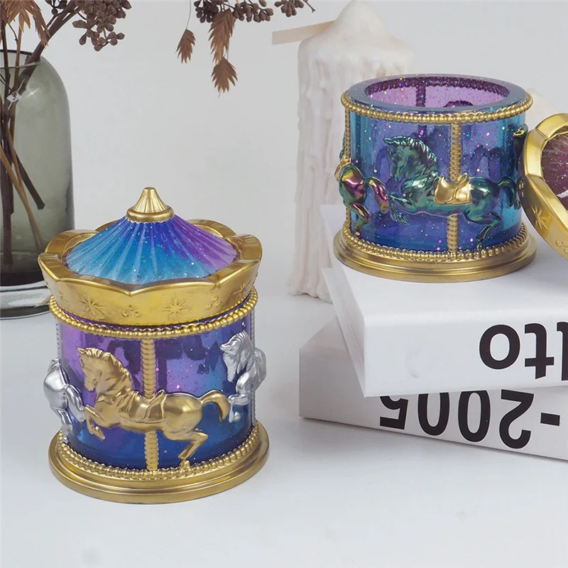 Carousel Horses Jar แม่พิมพ์ซิลิโคนพร้อมฝาปิดกล่องเก็บคอนเทนเนอร์ตกแต่งสําหรับเรซิ่นหัตถกรรมของขวัญ