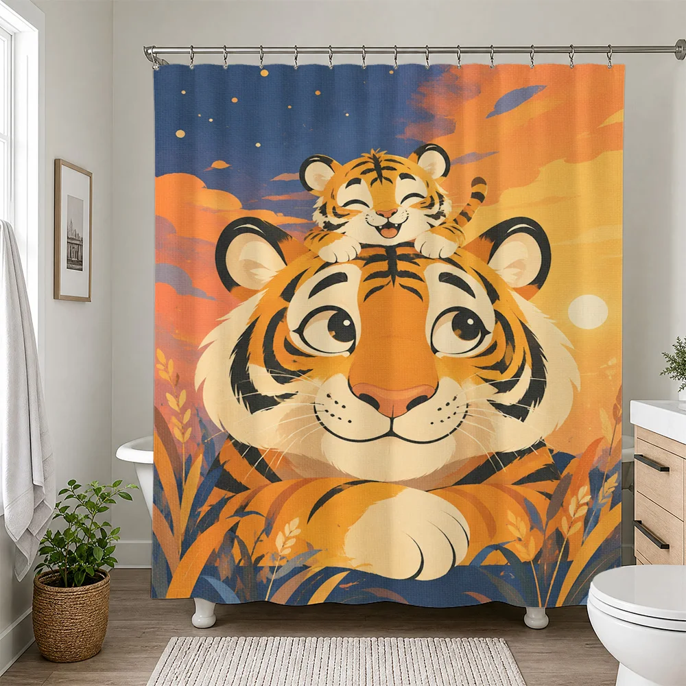 Cute Cartoon Tiger Family Shower Curtain Bathroom Decor Jungle Animal Print Waterproof Shower Curtain Liner