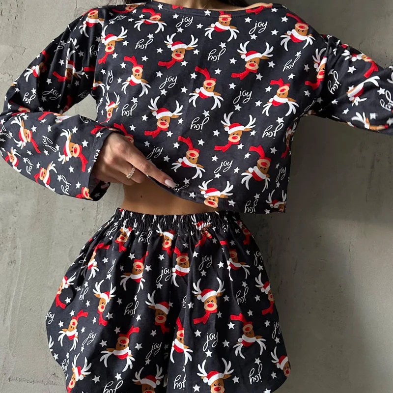 Christmas Printed Pajamas Set Women's New Long Sleeved Pajamas Christmas Casual Nightwear Rest Sexy Tops Sleepwear Short Pants