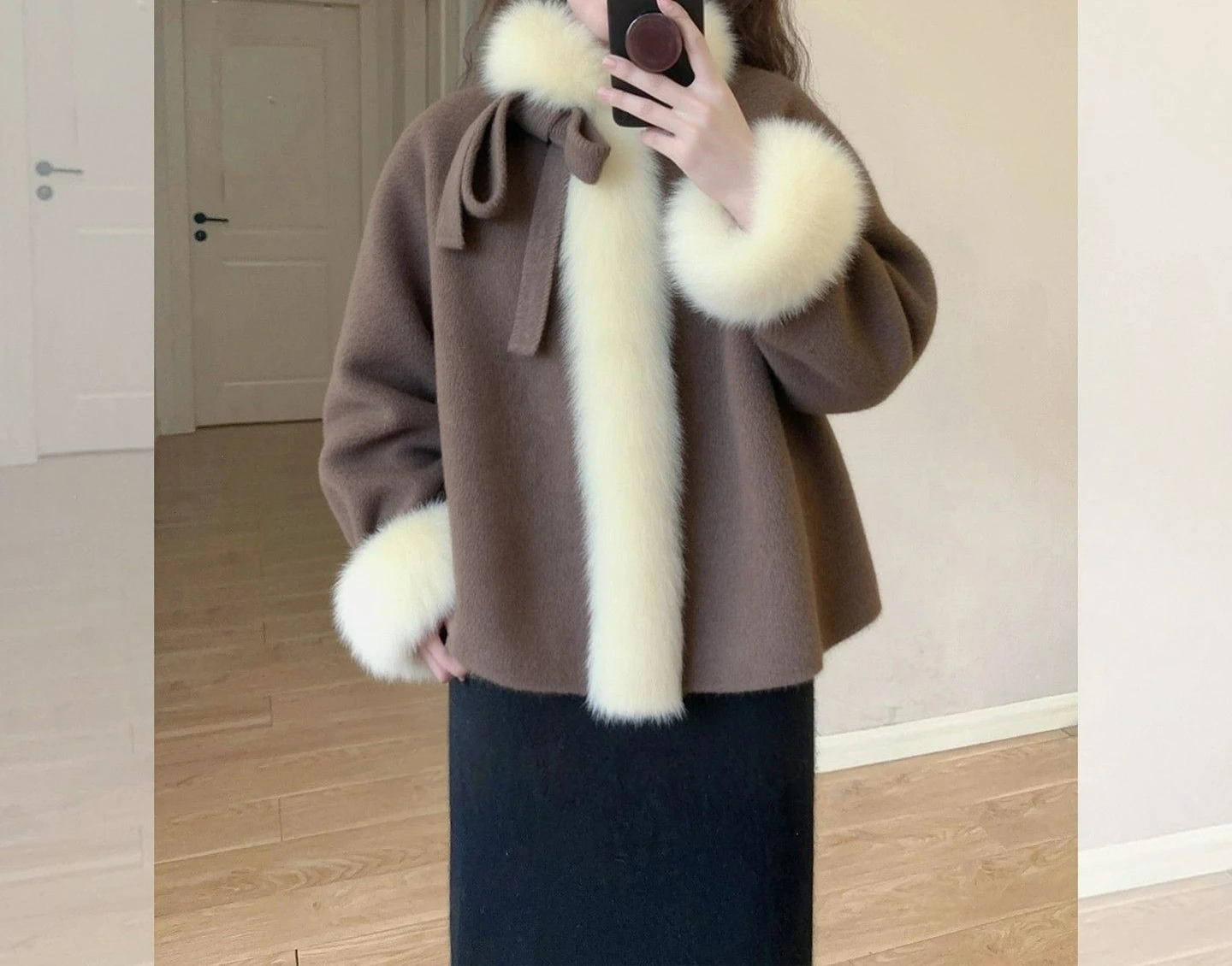 قسط القهوة اللون الفراء طوق شال الرأس معطف الصوف المرأة الخريف والشتاء معطف الصوف القصير الجديد