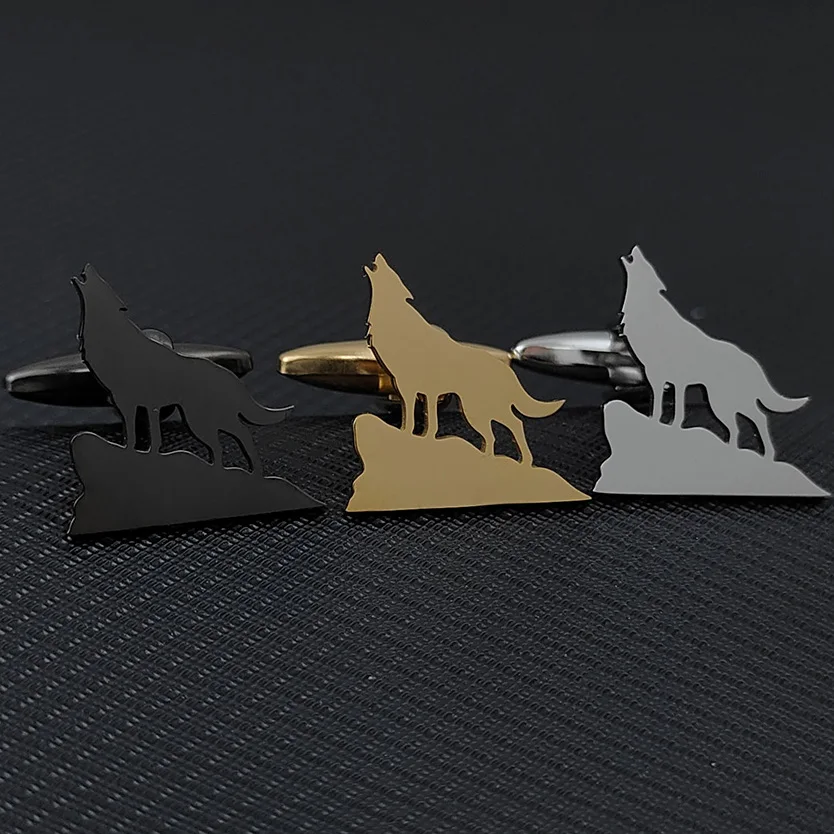 2024 Fashion Design Wolf King Howl Pattern Cuff Links Men's Luxury Jewelry Stainless Steel Hip Hop Rock Style Shirt Accessories