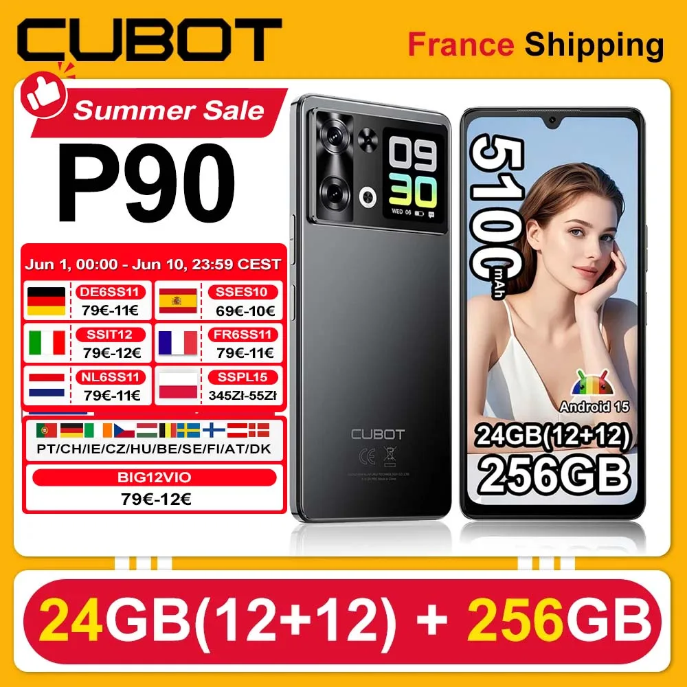 Smartphone Cubot P90 Android 15 24(12+12)Go + 256Go 6.88" 120Hz G100 64MP+16MP 5100mAh Téléphone Portable NFC Face ID Empreinte Digitale