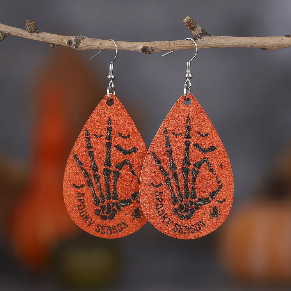 Hot Halloween Earrings Retro Skeleton Hand Party Witch Head I Smell Children Water Drop Earrings Double sided PU Leather Earring