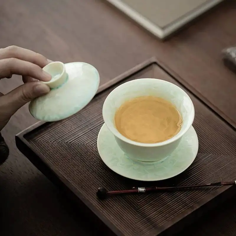 

Kiln Change Crystal Three-talent Covered Bowl Kung Fu Tea Set Large Covered Tea Cup Single Tea Brewer Offering Tea Bowl