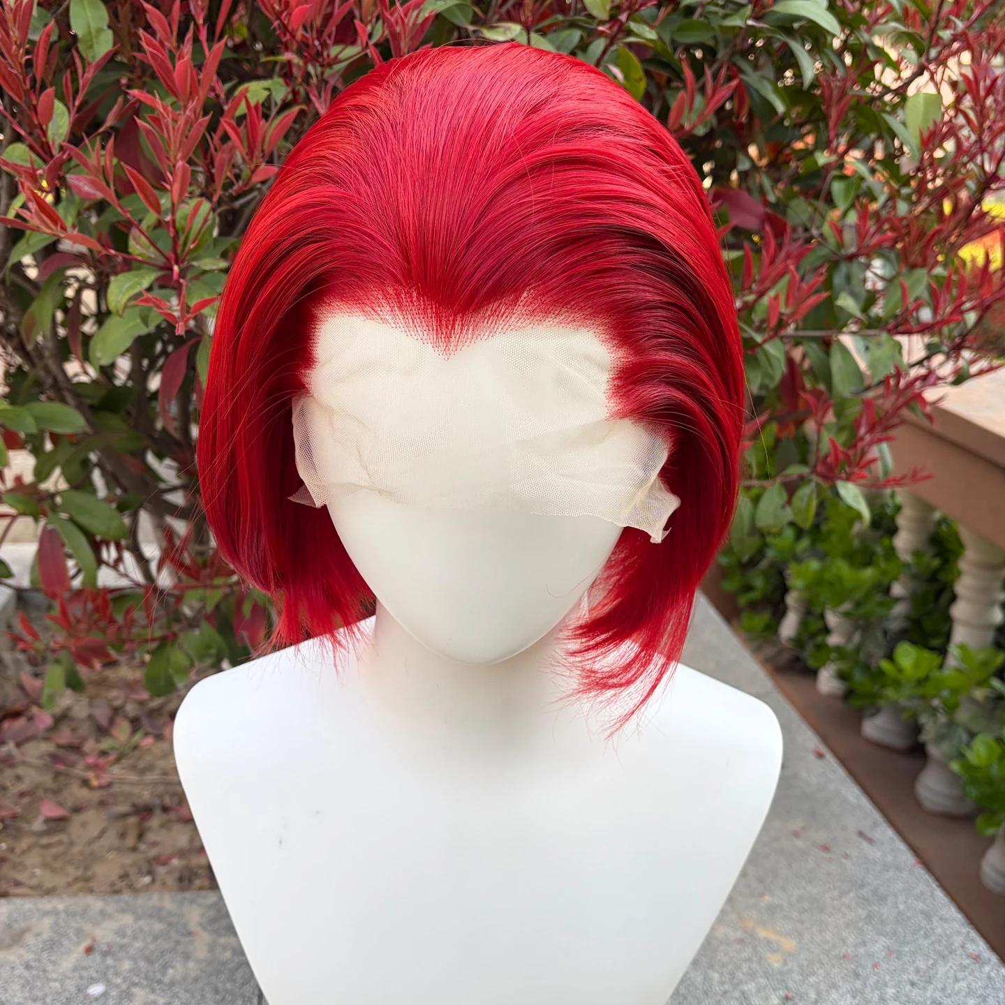 Short Bob Cut Red Straight Lace Front Wigs Widow's Peak 13×4 Synthetic Lace Wig Glueless Heat Resistant Cosplay Wig 8inch