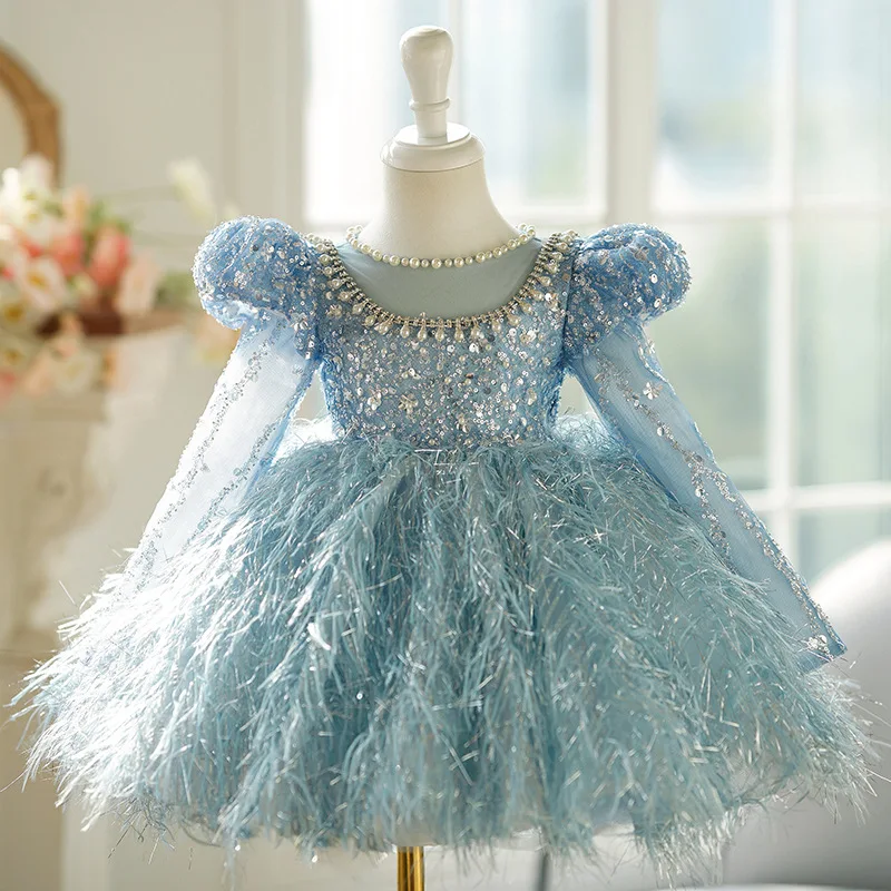 2024 Long sleeves Girls Princess drill Pearl sequins blue Children backless Wedding Gown Kids Dresses baby Birthday Party Dress