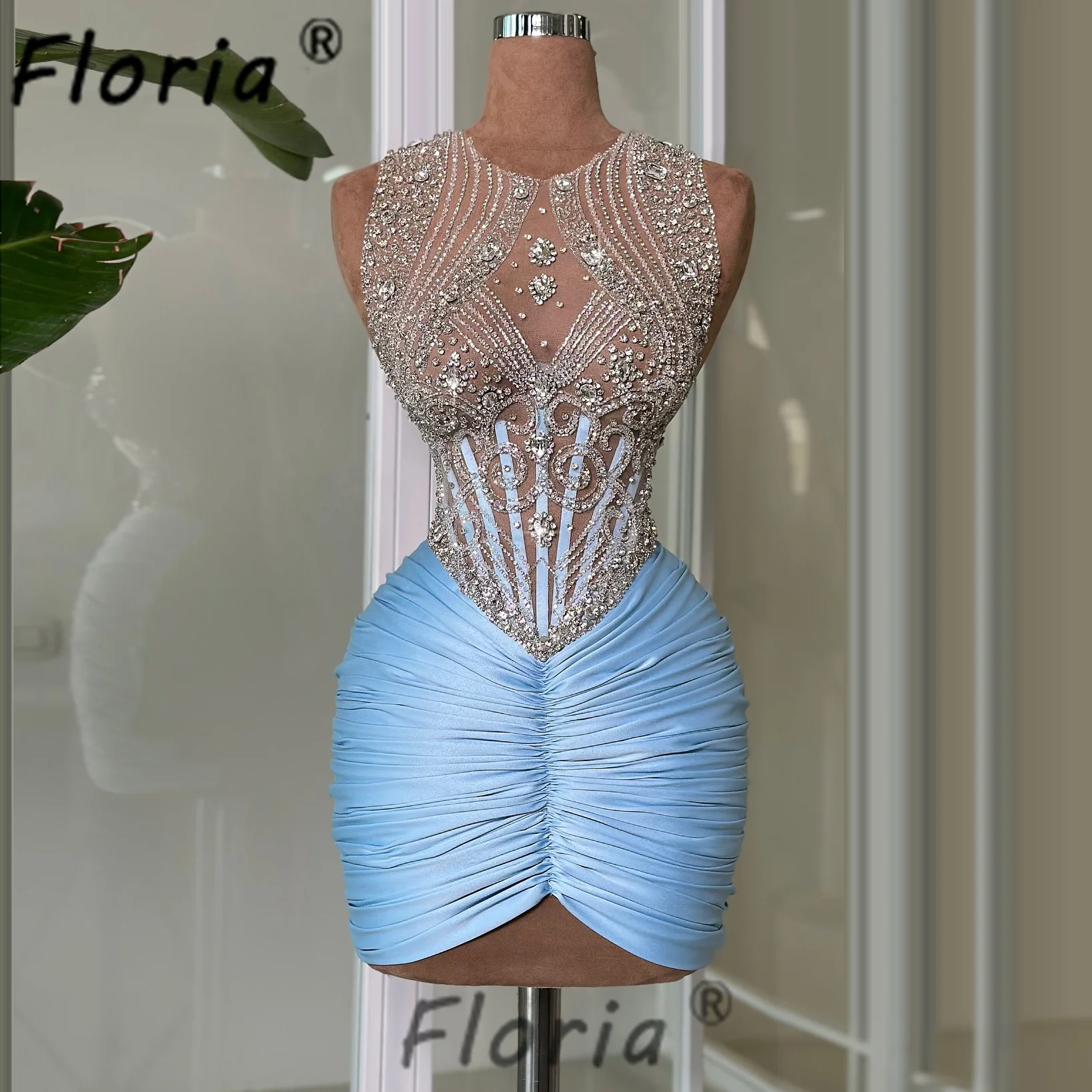 Sexy Sleevless Cocktail Dress Beaded Crystal See Through Top and Blue Pleats Satin Short Prom Party Dress Customized Mini Dress