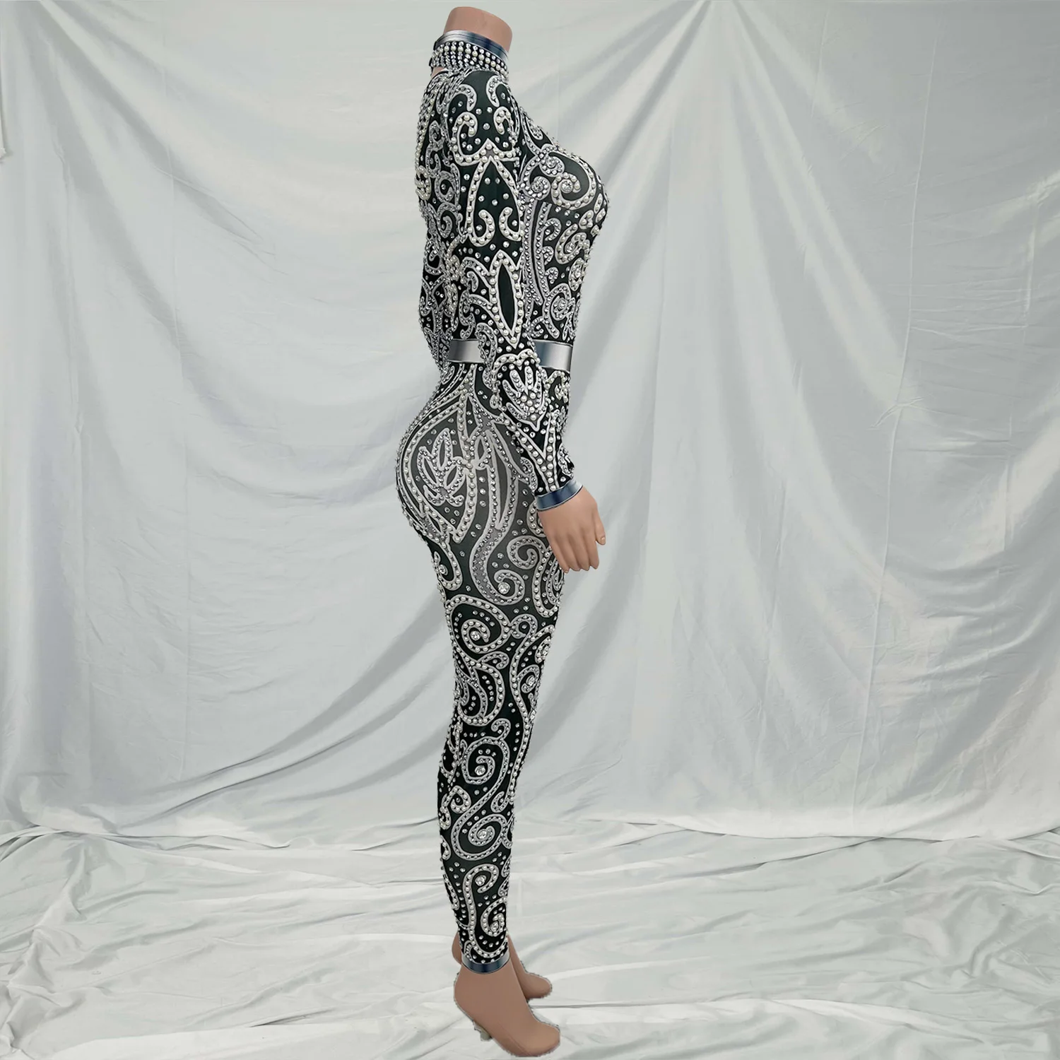 

Quanquan Carnival Black Jumpsuit for Women Sexy Romper Glitter Crystal Pole Dance Costume Nightclub Bar Stage Wear Outfits