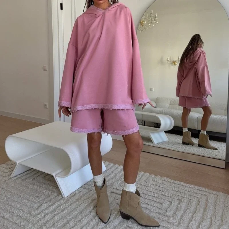 

Retro Hooded Sweatshirt with Raw Edges High Street Versatile Hip-hop Sweatshirt Shorts Two-piece Set for Women