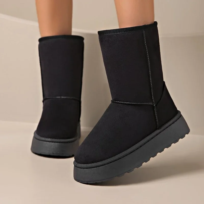 

Winter New Style Round-toe Thick-soled Fashionable Suede Flat-soled Snow Boots Plus Velvet Warm Casual Non-slip Women's Boots