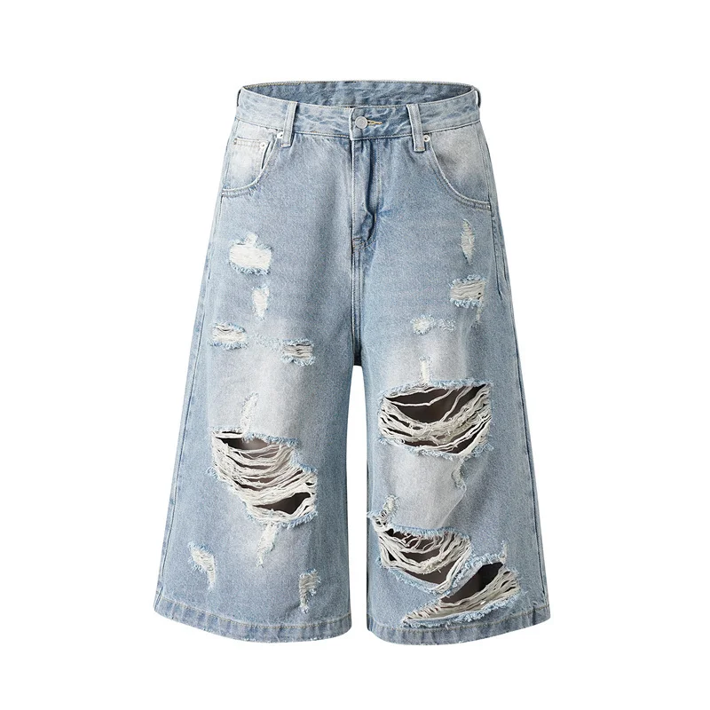 

Punched Design Loose Jeans Men Women Retro Distressed Wide Leg Jeans Streets Jeans
