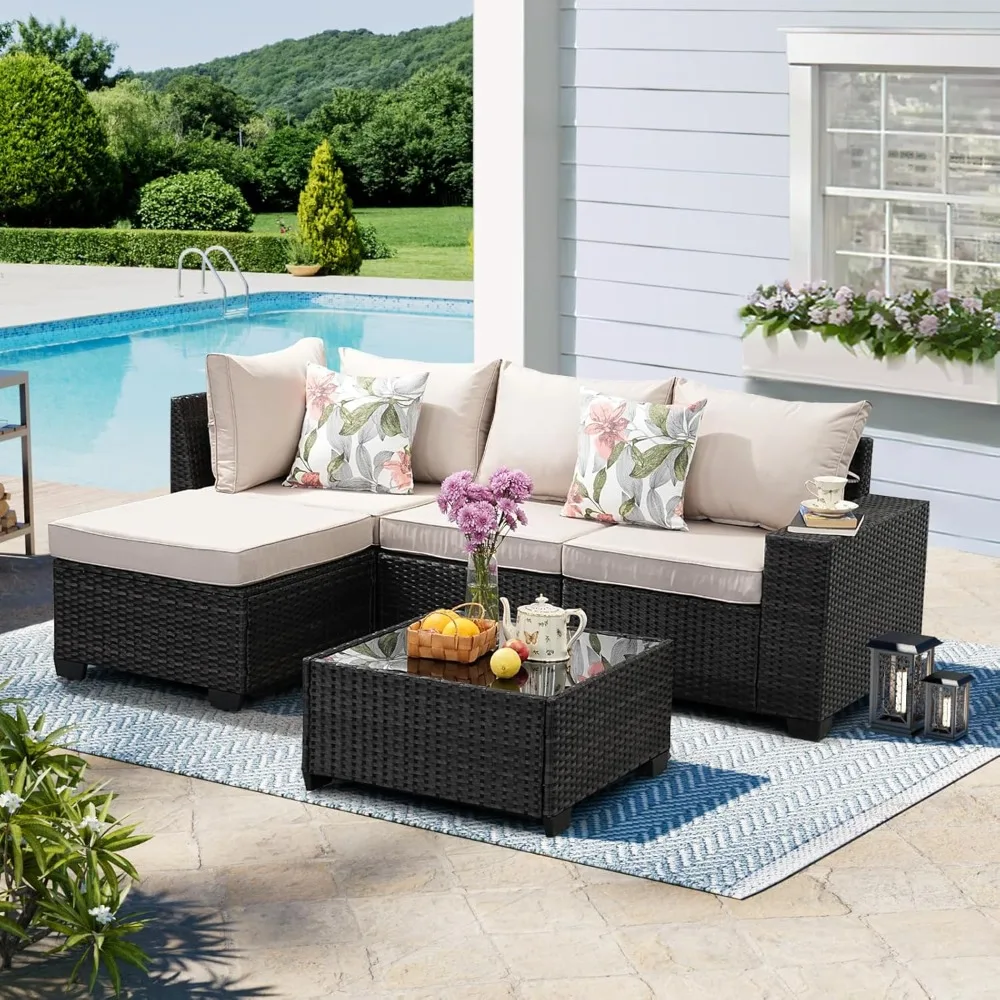 

5-piece set of terrace furniture, wicker outdoor combination sofa with cushions and coffee table, wide armrest terrace