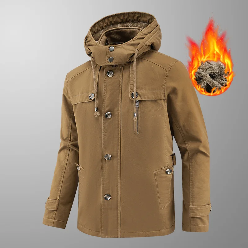 Men's Fleece Cotton Jacket Autumn Winter Pure Cotton Washed Hooded Mid-Length Coat for Men