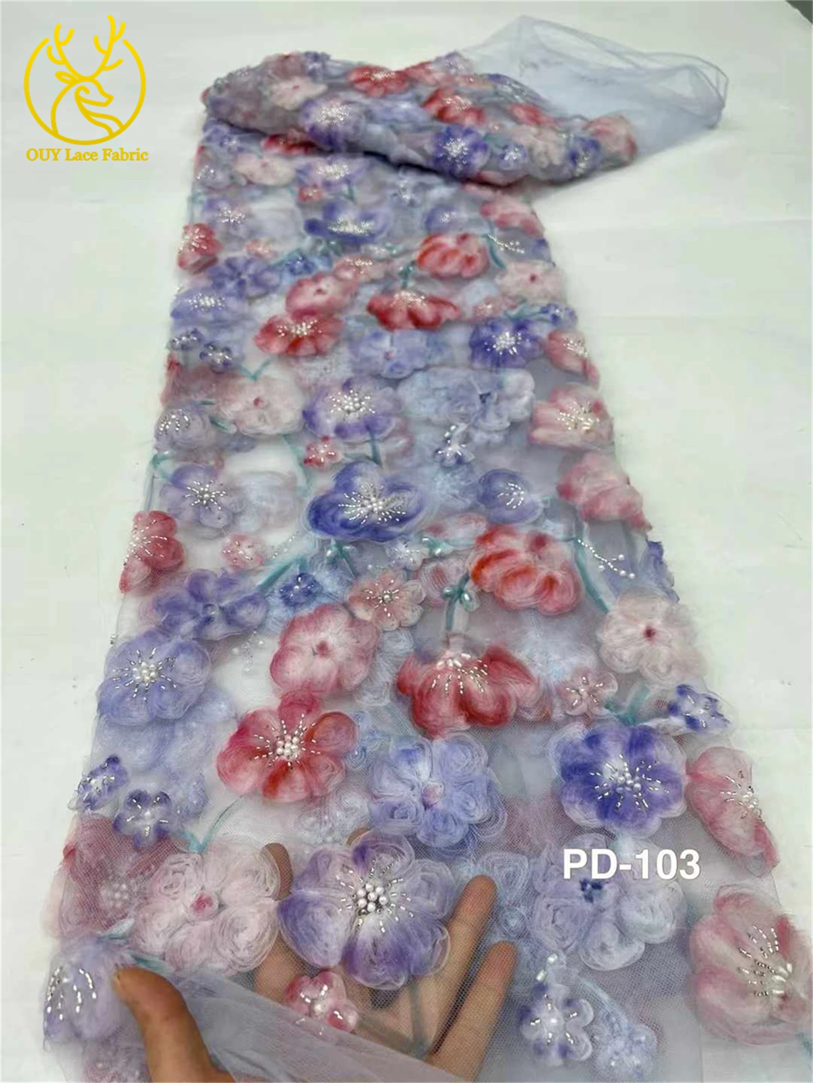 3D Flower Fashion French Mesh Floral Embroidery Lace Fabric African High Quality Beaded Lace Fabric for Women's Wedding Dresses