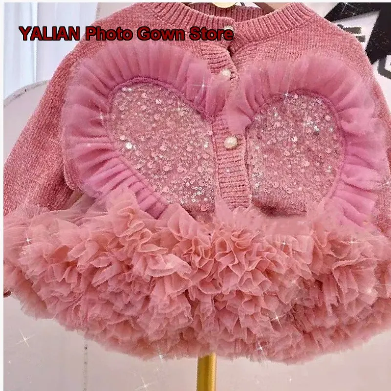 Girls New Year Dress Knit Set Winter Newborn Cardigan Polka Dot Tulle Tutu Skirt Mesh