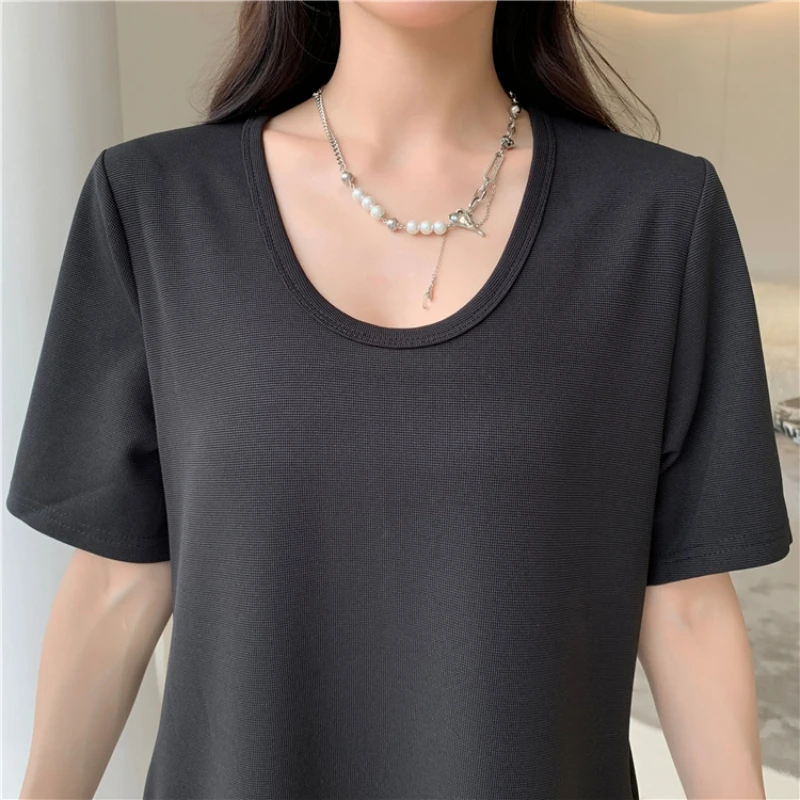 ฤดูร้อน Oversize สีทึบรอบคอแขนสั้นเสื้อยืดผู้หญิงแฟชั่นหลวมสบายๆ A-Line ชุดยาว