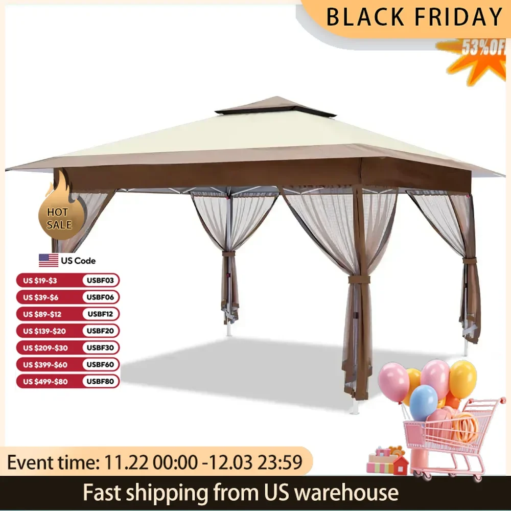 

12'x12' Gazebo Outdoor Pop Up Canopy Tent With Curtains and Shelter for Patio Party & Backyard (Khaki) Garden Buildings Pergola