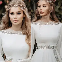 FATAPAESE Muslim Wedding Dress Illusion Neckline with Crystal Stons Spakring Featured Cape Sleeve Chiffon FormalS Occasion Gown