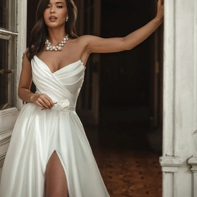 

satin white Wedding Dresses beading decal off-shoulder ruffle Bridal Gowns vent multi-layer Made Customized