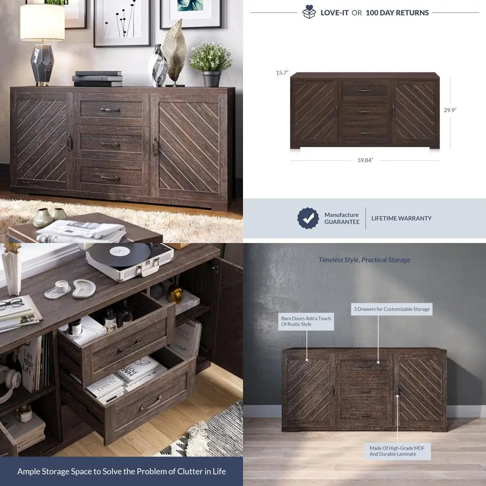 60 inch sideboard buffet cabinet with 3 drawers and 2 cabinets for dining, kitchen, and living rooms