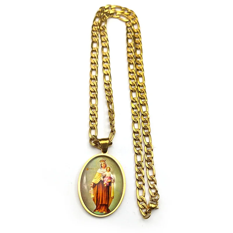 مريم العذراء الطفل يسوع الزجاج ميدالية قلادة قلادة للنساء الرجال الفولاذ المقاوم للصدأ الذهب اللون الكاثوليكية حماية سلسلة مجوهرات