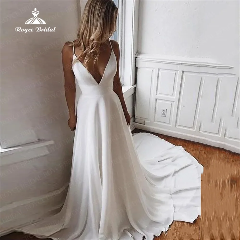 Modern Wedding Dress Plunging V Neck Sleeveless Spaghetti Straps Classic Lace Applique Customize Bridal Gowns vestidos de novia