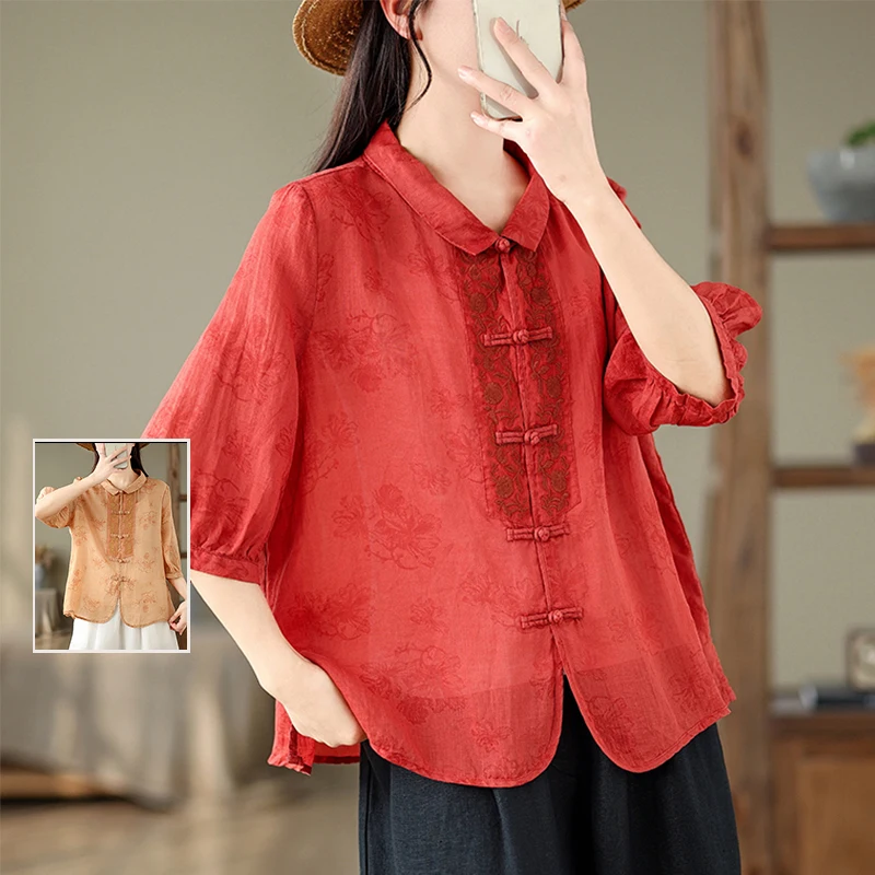 

Ретро-топ в китайском стиле, свободного кроя, повседневный, с вышивкой, из хлопка и льна, с рукавом три четверти, с цветочным принтом, женский летний топ