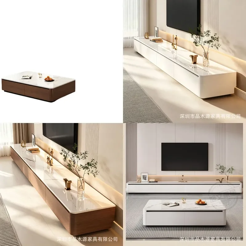 Modern Simple Rock Slab Coffee Table and TV Cabinet Combo for Living Room Home Improvement Walnut Storage Set with Light