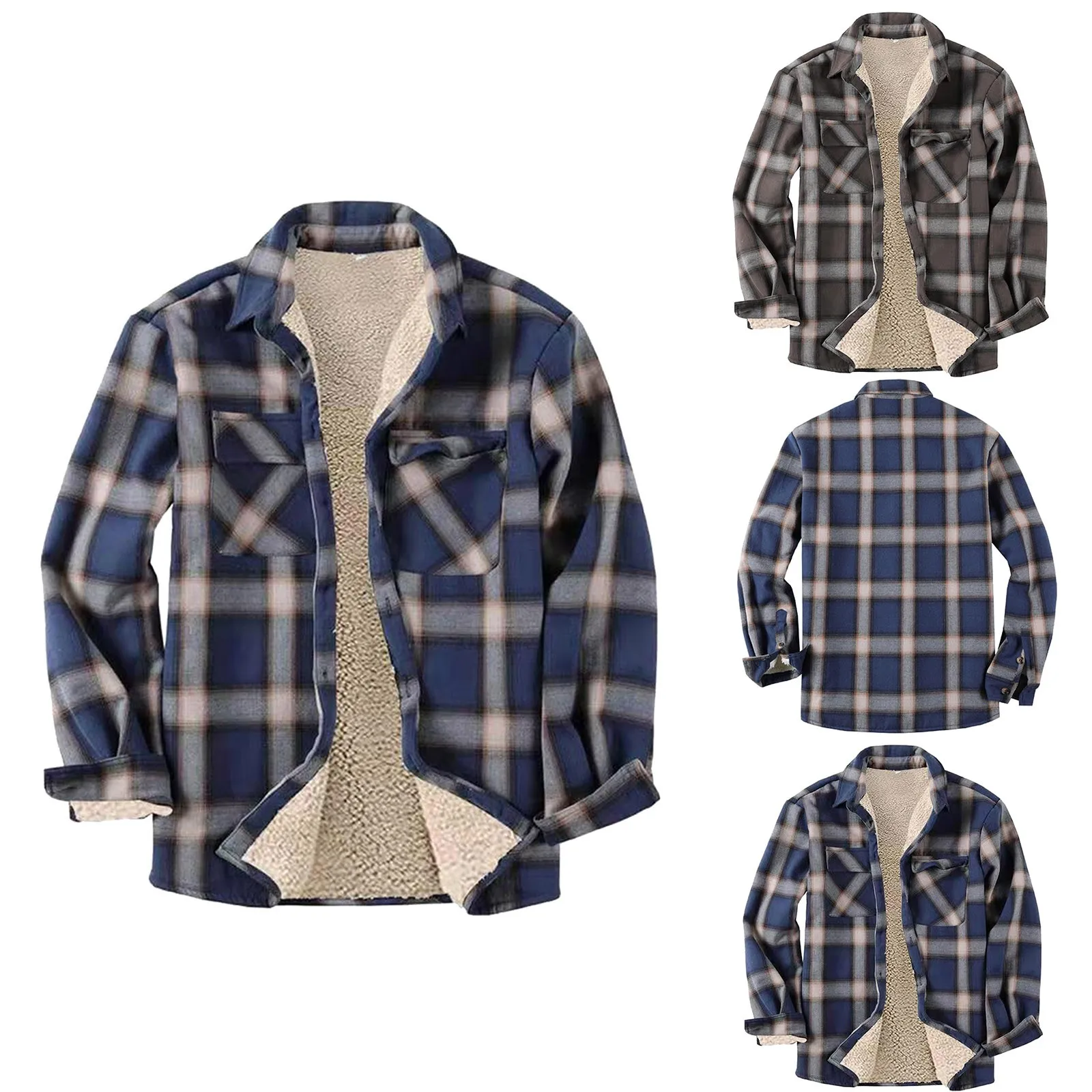 Men\'s Casual Fashion Plaid Printing Loose Lapel Long Sleeve Shirt Tops Blouse Men\'s long sleeved plush plaid shirt Plush jacket