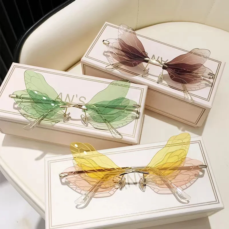 Vintage Dragonfly Wings Sunglasses Fashion Rimless Women Clear Lens Eyewear Men Pink Sun Glasses UV400 Eyewear Female