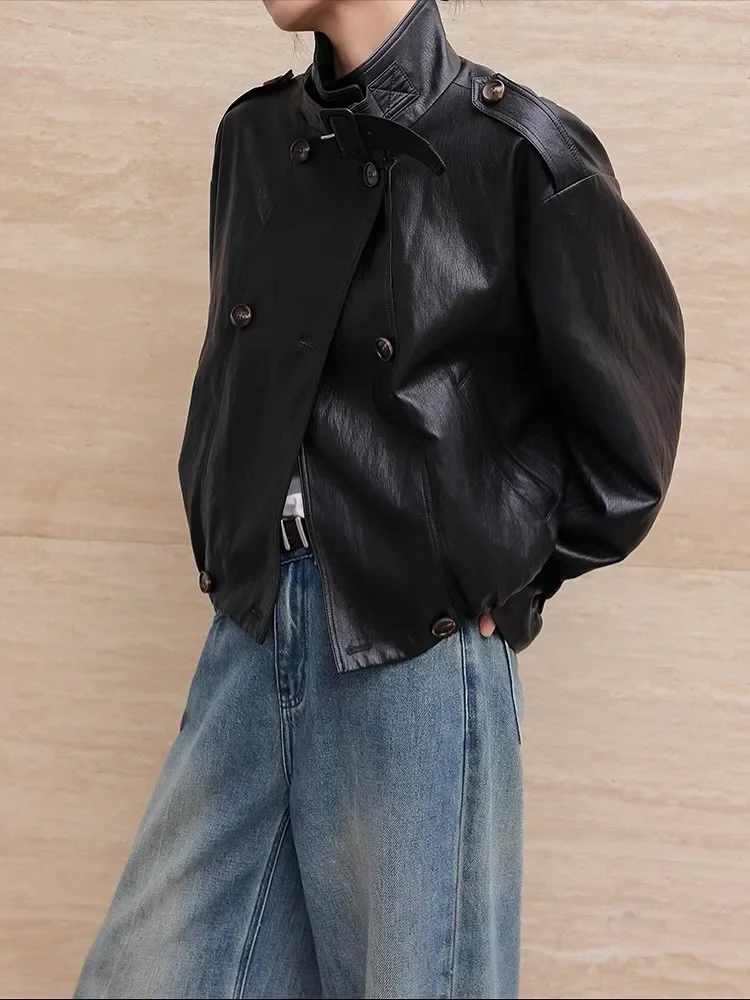 Women Retro Solid Short Leather Jacket Fashion Stand Collar Full Sleeve Double Breasted Loose Jackets Lady Daily Highstreet Coat