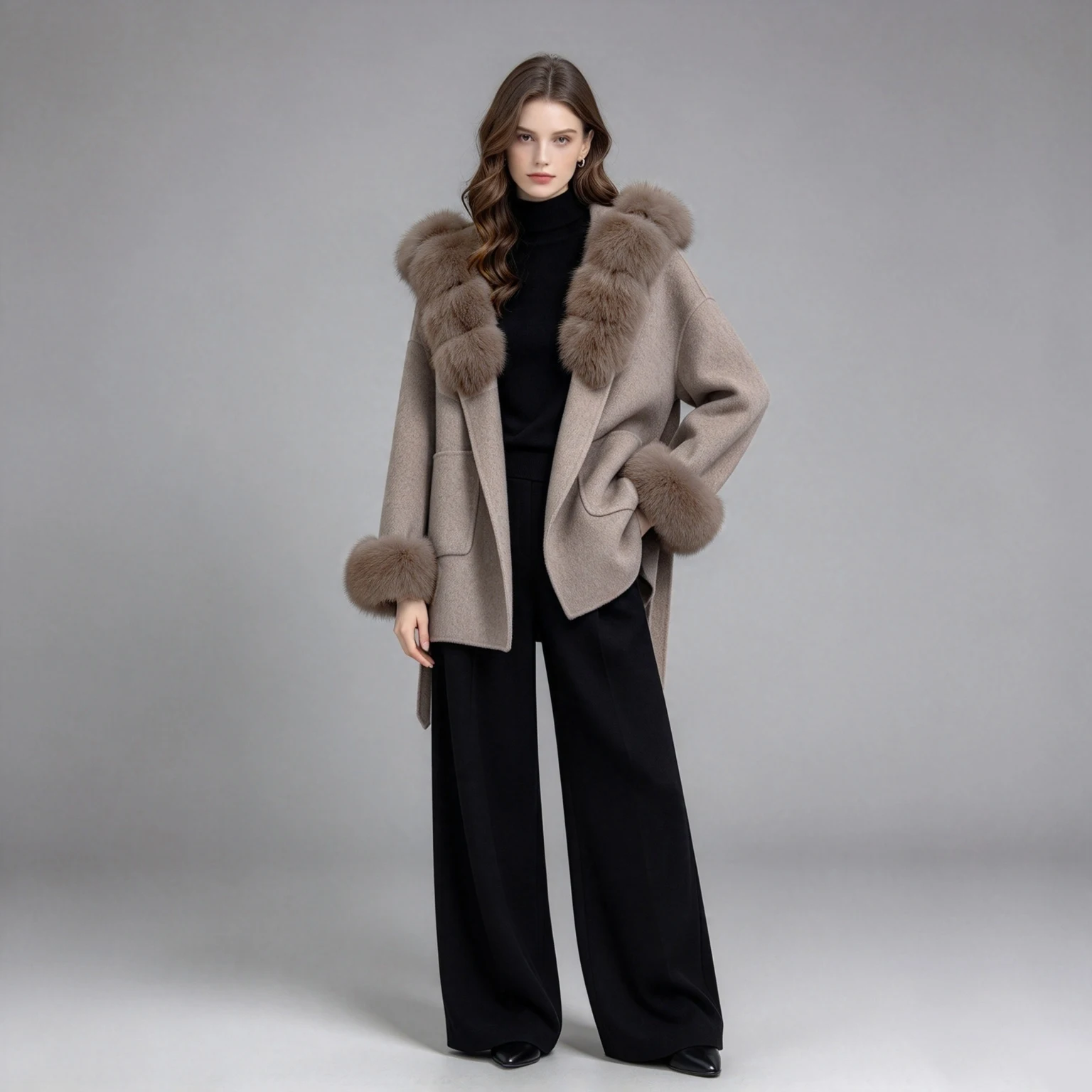 Jxwatcher Women's Wool Trench Coats with Natural Fox Fur Luxury Real Fox Fur Coat Ladies Casual Hooded Outwear 2026 New Arrival