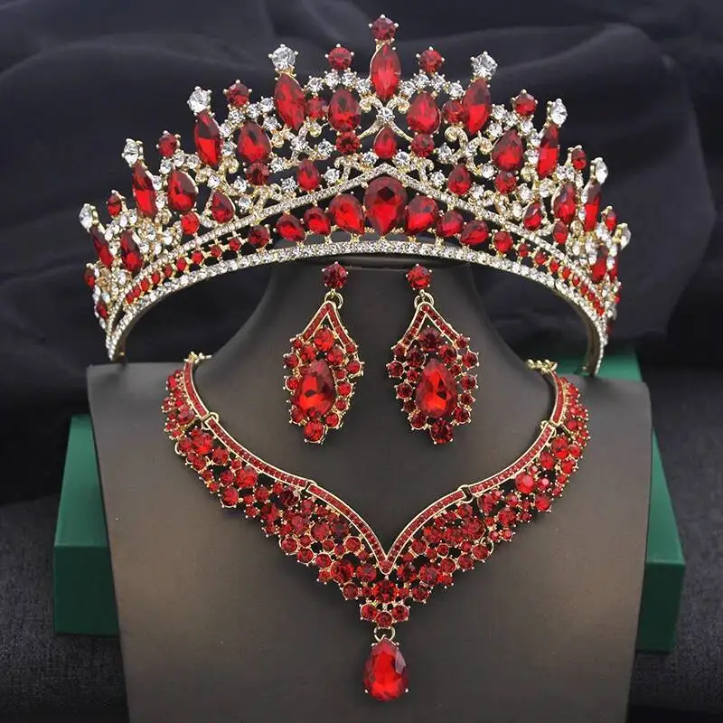 

3-х шт. красные хрустальные свадебные комплекты ювелирных изделий для женщин, диадемы и ожерелье, серьги для свадьбы, корона, комплект ювелирных изделий для невесты, аксессуары