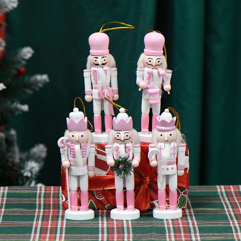 1Pc 13CM White&Pink Wooden Nutcracker Puppet Soldier Pendant Vintage Crafts Ornament Christmas New Year Home Decoration