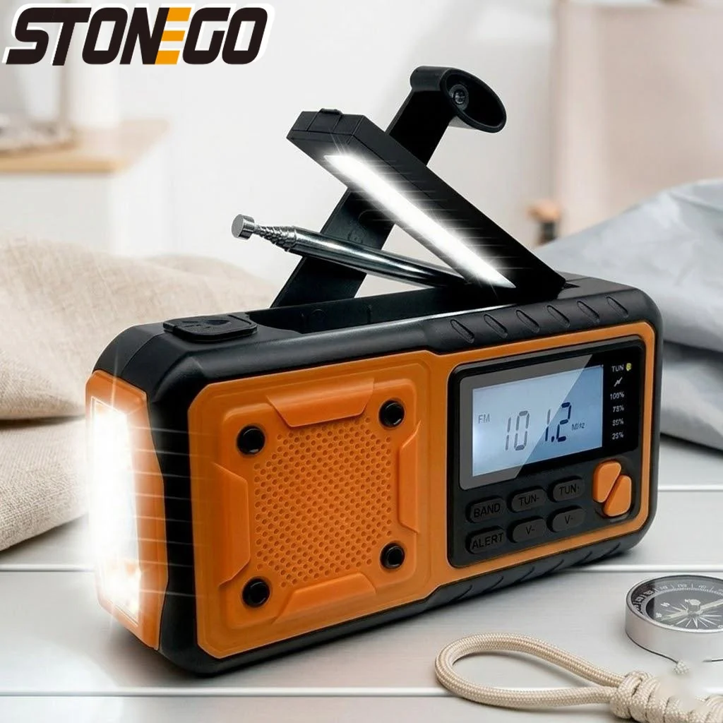 

Портативное солнечное аварийное радио 4000 мАч с AM/FM, оповещением о погоде, фонариком и функцией Power Bank для кемпинга и выживания на природе