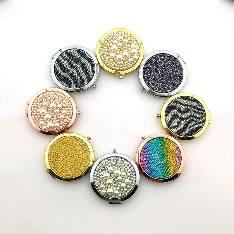 1PC Blingbling Rhinestone Makeup Mirror Mini Beauty Cosmetic Mirror Portable Double-Sided Folding Round Pocket Mirror