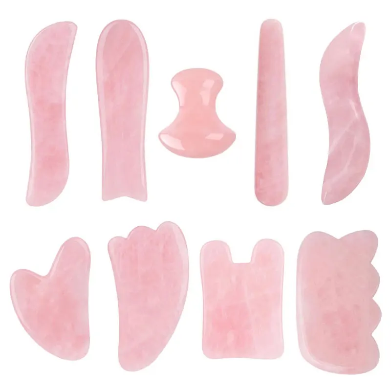 9PCs Rose Quartz Gouache Scraper Gua Sha Massage Tool Gua Sha Natural Stone Natural Jade Gouache Scraper Beauty Massage Tools