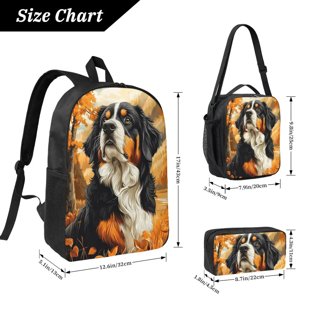 Bernese Mountain Dog In Autumn Backpack Boys Girls BookBag School Bag Laptop Shoulder Bags 3ps Insulated Lunch Bag Pencil Case