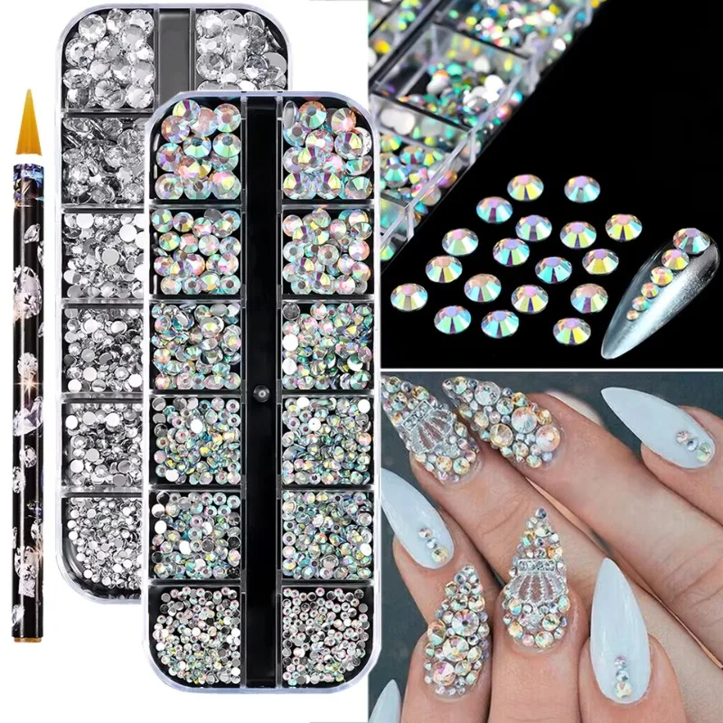 12 Grids Mixed Nail Rhinestones Shiny Clear/Gold/Pink/Blue Diamond Flat-back Nail Gems Glass Stones Nails Decoration