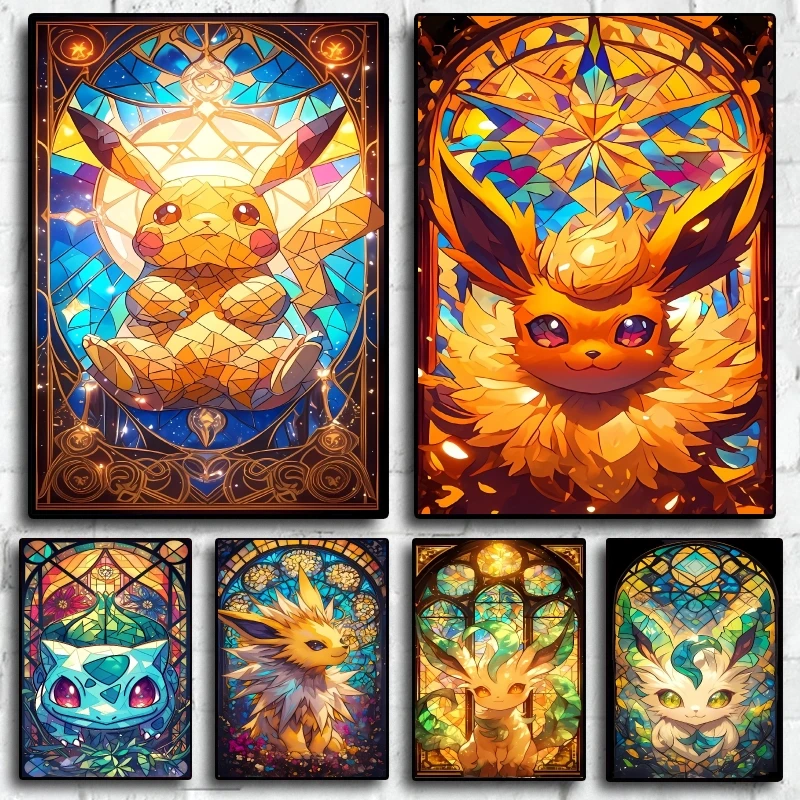 

Print on Canvas Pikachu Stained Glass Style Pokemon Wall Decorative Gorgeous Colorscreating A Personalized Art Atmosphere