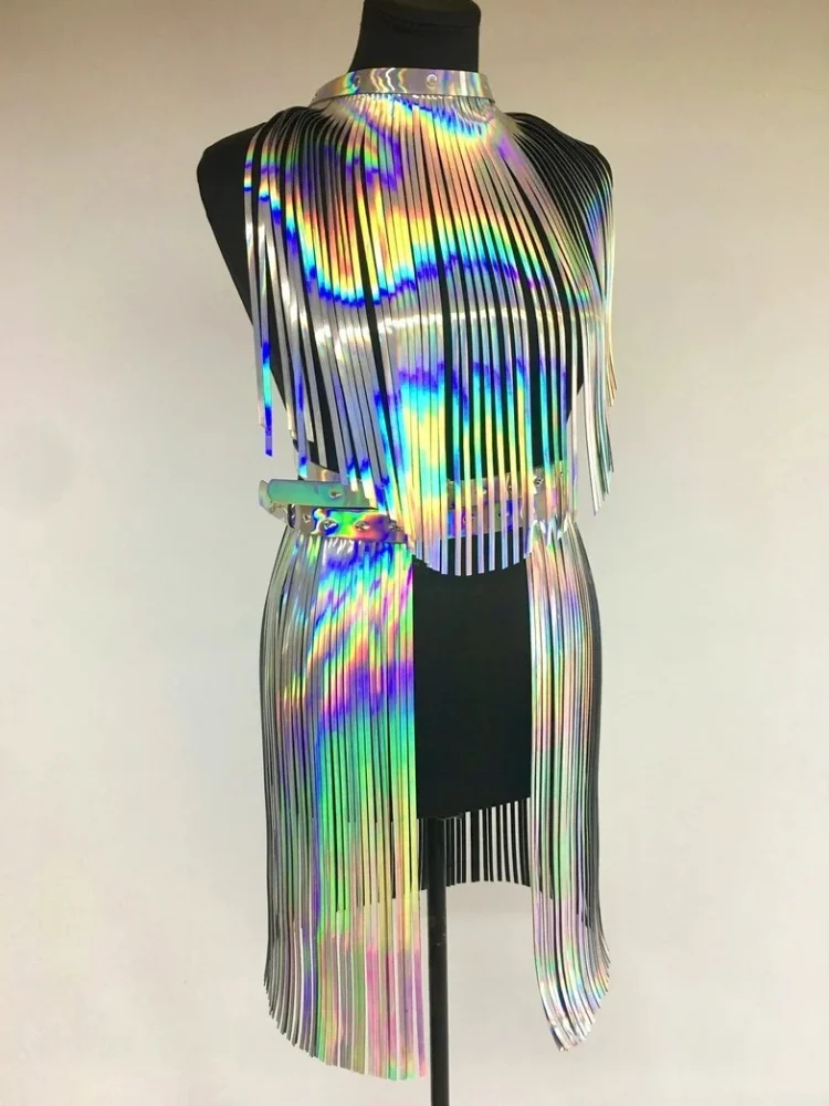 

Concert Shiny Tassel Reflective Dress Belt Fashion Sexy Adult Women Role Play Leather Tassel Girl Group Stage Performance Set