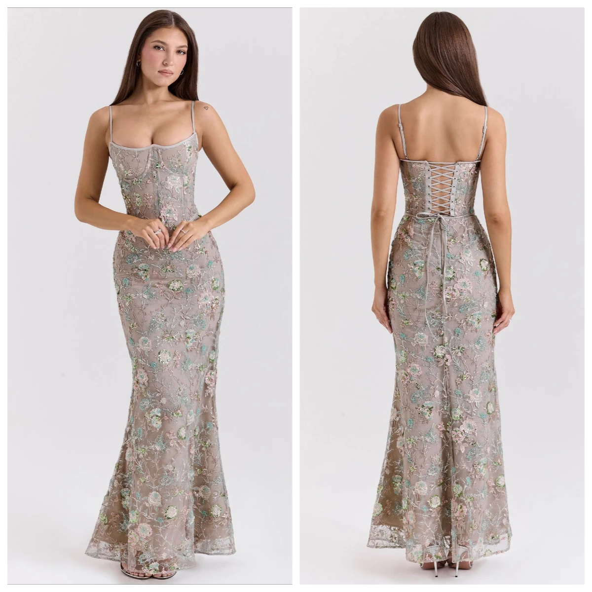 Retro Flora Pailletten Maxi Sling Jurk Dames Sexy Mouwloos Vetersluiting Vierkante Hals Bodycon Visstaartjurken 2026 Dames Feestjurken