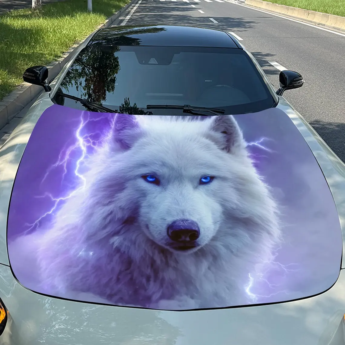 

Purple Lightning White Wolf Car Vinyl Wrap - Durable PVC Bonnet Graphic Sticker For Enhanced Vehicle Aesthetics, Automotive Exte