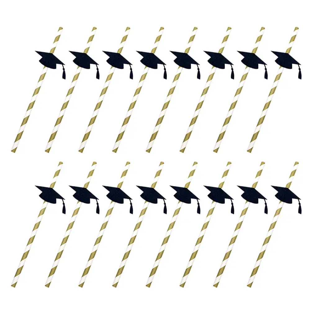 16pcs Graduation Cap Paper Black Flexible Bendable Drinking Straws For Party Decorations Disposable Trencher Straws Kitchen Bar