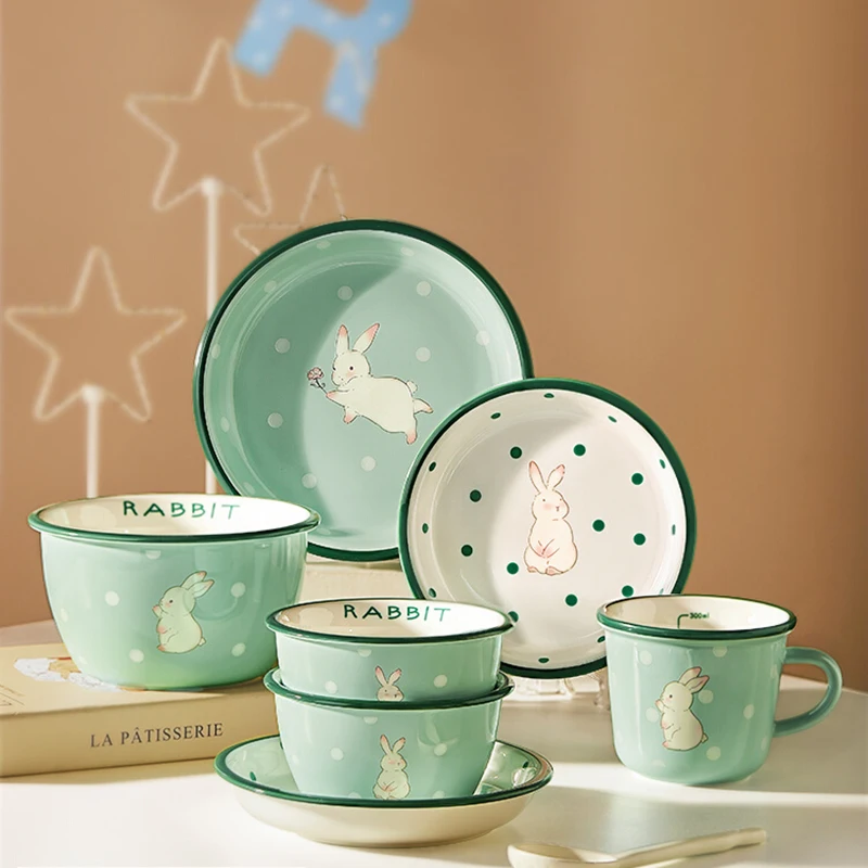 لطيف أرنب السيراميك أواني الطعام مجموعة الأطفال وعاء الأرز رسمت باليد الكرتون سعة كبيرة طبق فاكهة فرن الميكروويف الآمن