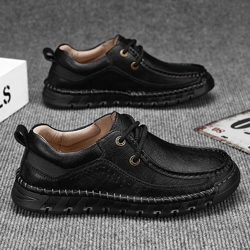 

Skateboard Casual Sneakers Sneaker Hand-stitching Their Flat Breathable Leather Loafers Men's Summer Shoes Comfty Driving Shoes