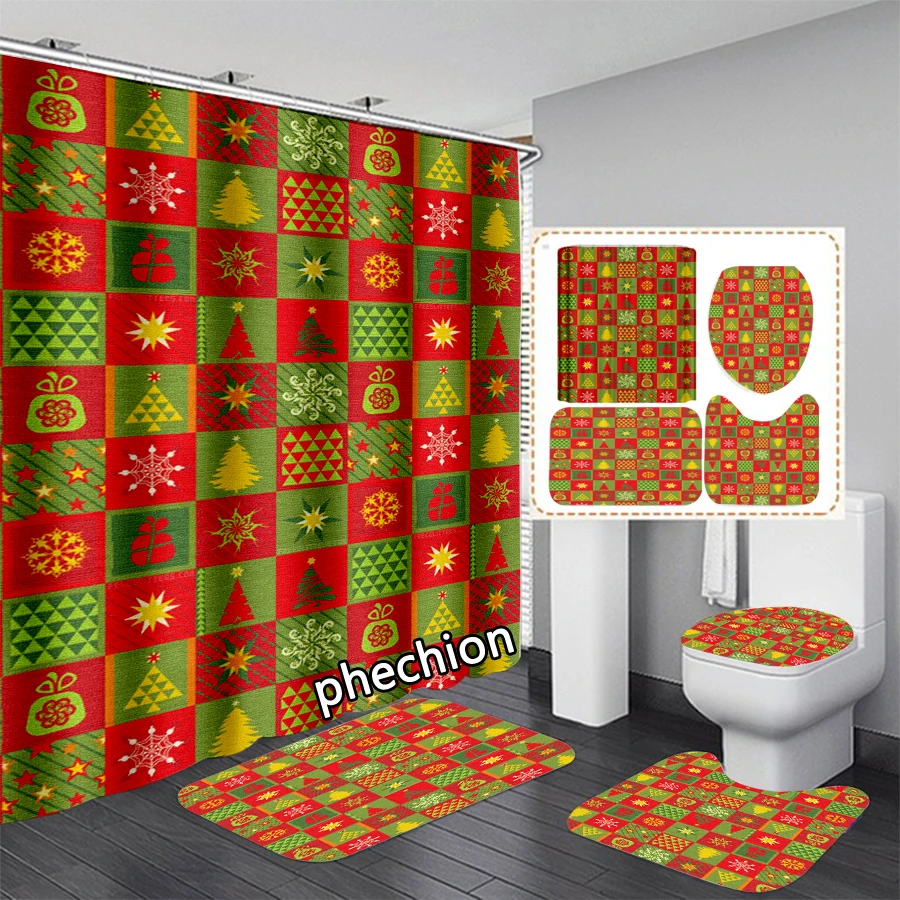 phechion New 3D Print Christmas Pattern Shower Curtain Waterproof Bathroom Curtain Anti-slip Bath Mat Set Toilet Rugs VR234